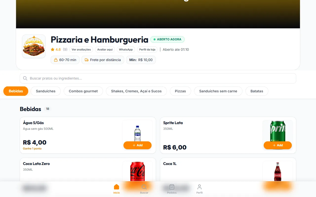 Cardápio digital de uma pizzaria aberto no computador